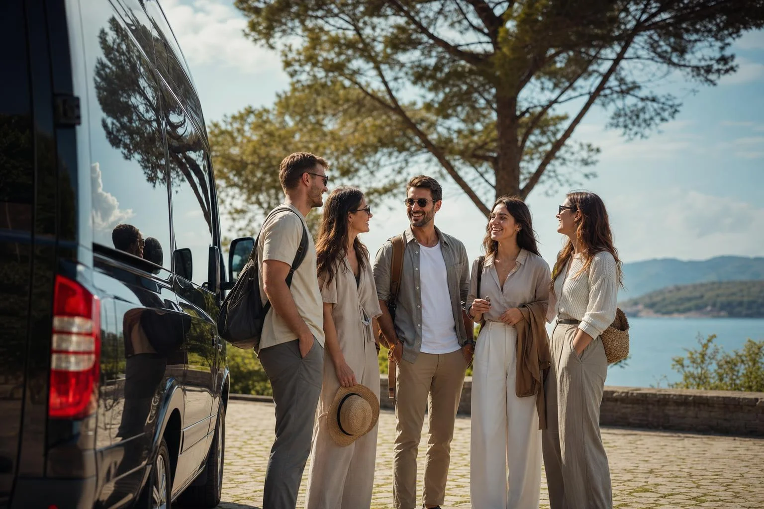 A minibus parked on a scenic Istrian road ready for a group transfer