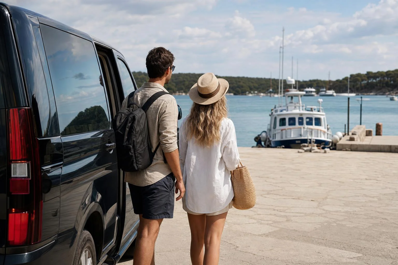 Minibus parked near the Fažana pier with Brijuni islands visible in the background on a sunny summer morning.