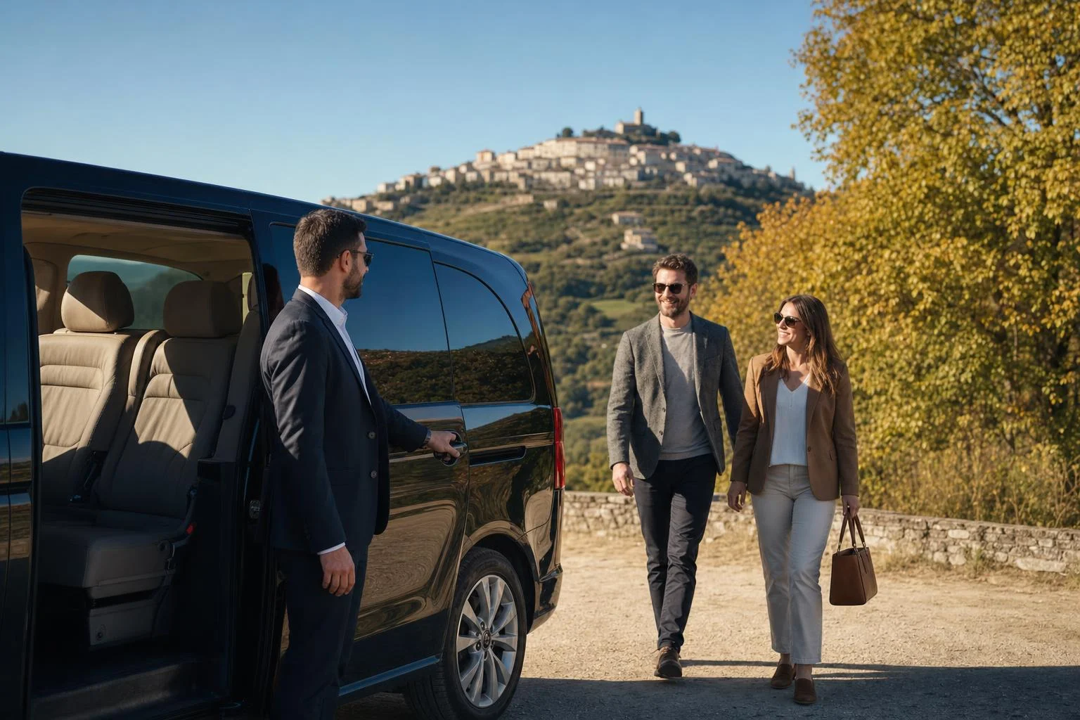 A minibus parked near the hilltop village of Motovun during the autumn truffle season, with vineyards and mist in the valley below