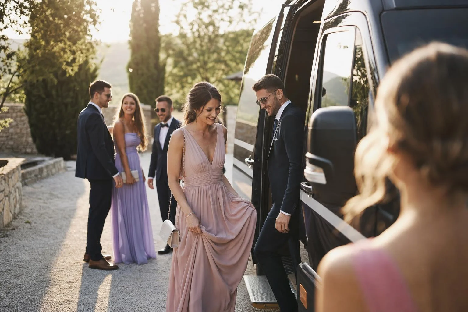 A minibus parked outside a stone villa surrounded by olive groves in Istria, ready for wedding guest transfers